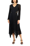 Taylor V-neck elastic cuff long sleeve lace shoulder and side detail zipper back pleated chiffon crepe dress