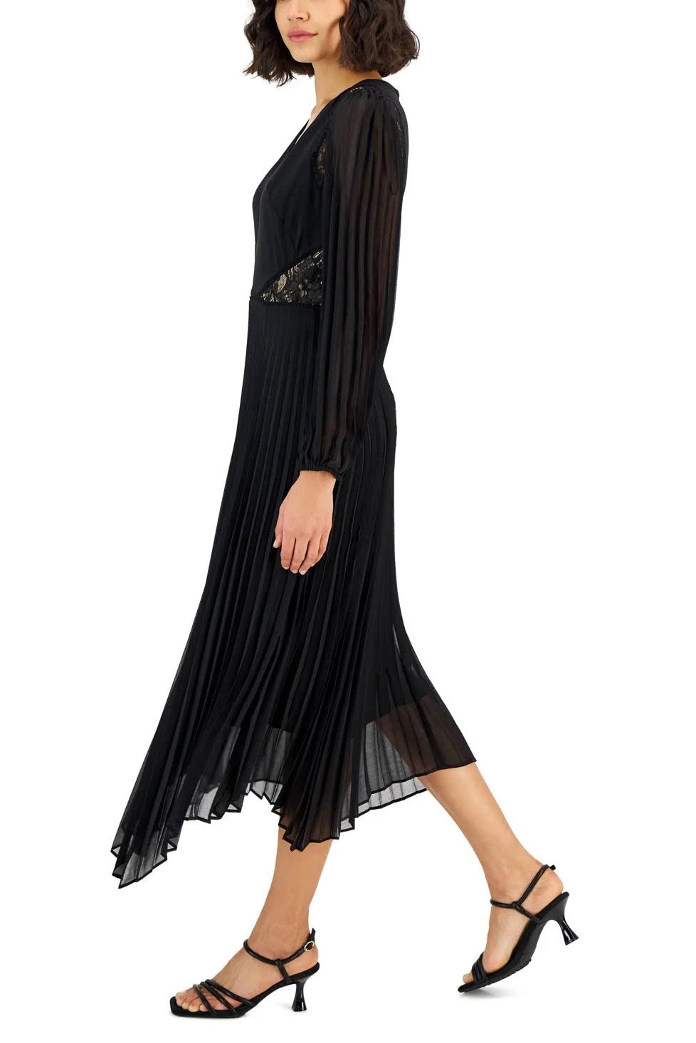 Taylor V-neck elastic cuff long sleeve lace shoulder and side detail zipper back pleated chiffon crepe dress