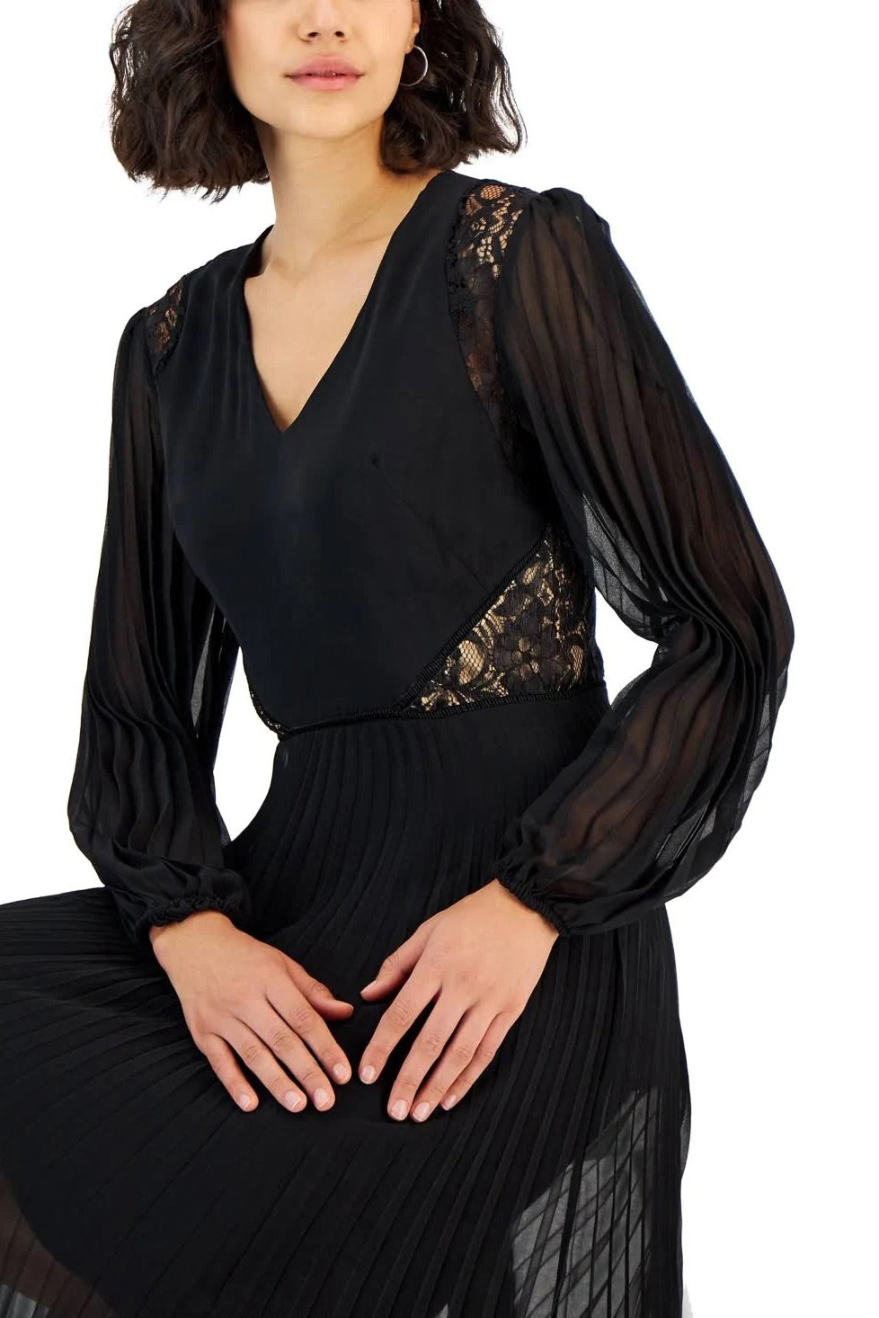 Taylor V-neck elastic cuff long sleeve lace shoulder and side detail zipper back pleated chiffon crepe dress