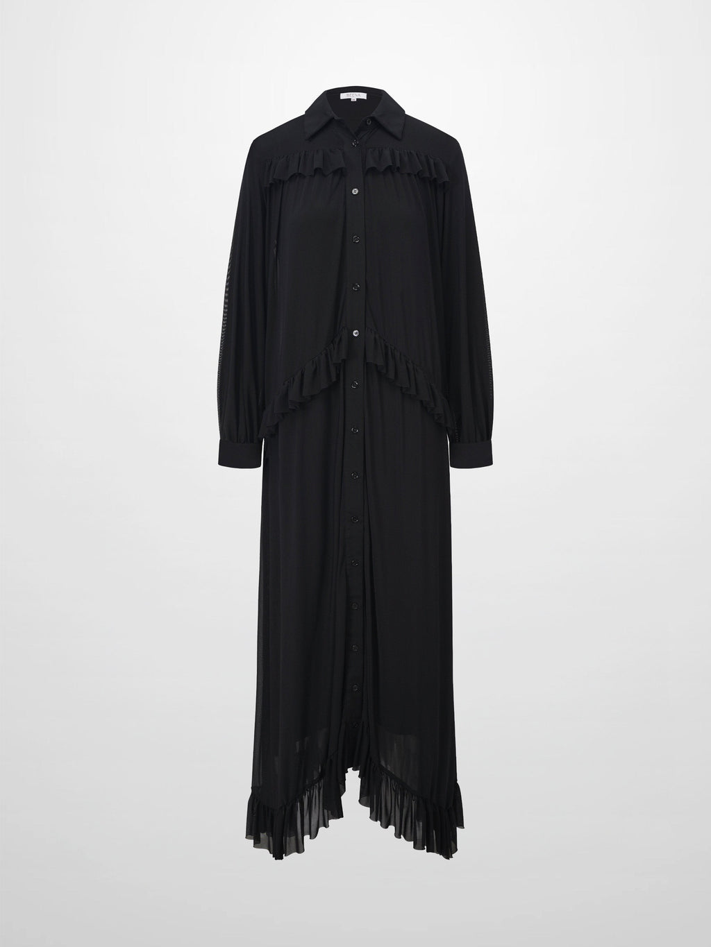 Mesh Ruffle Maxi Dress-Black