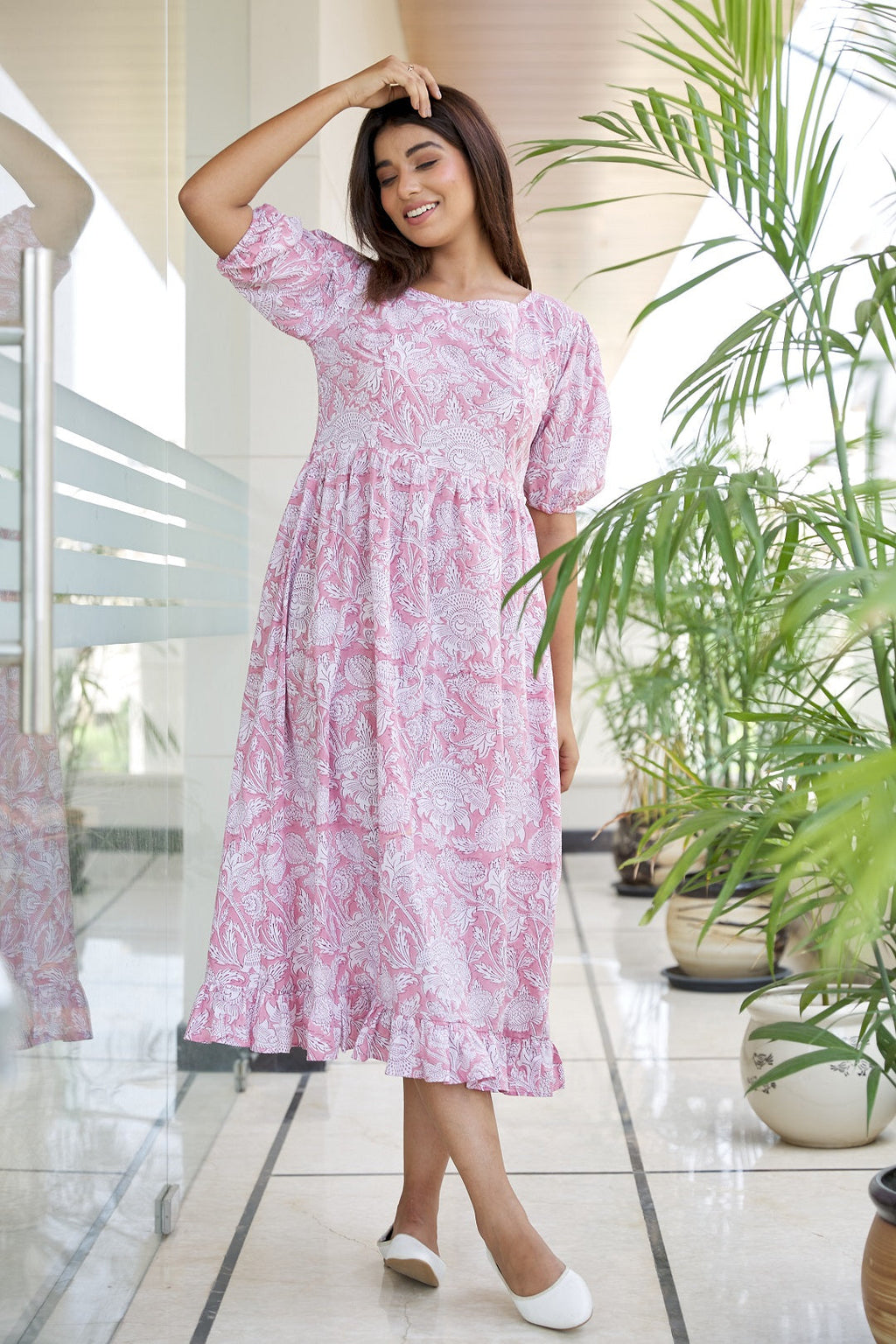 Pink Floral Tiered Cotton Maxi Dress