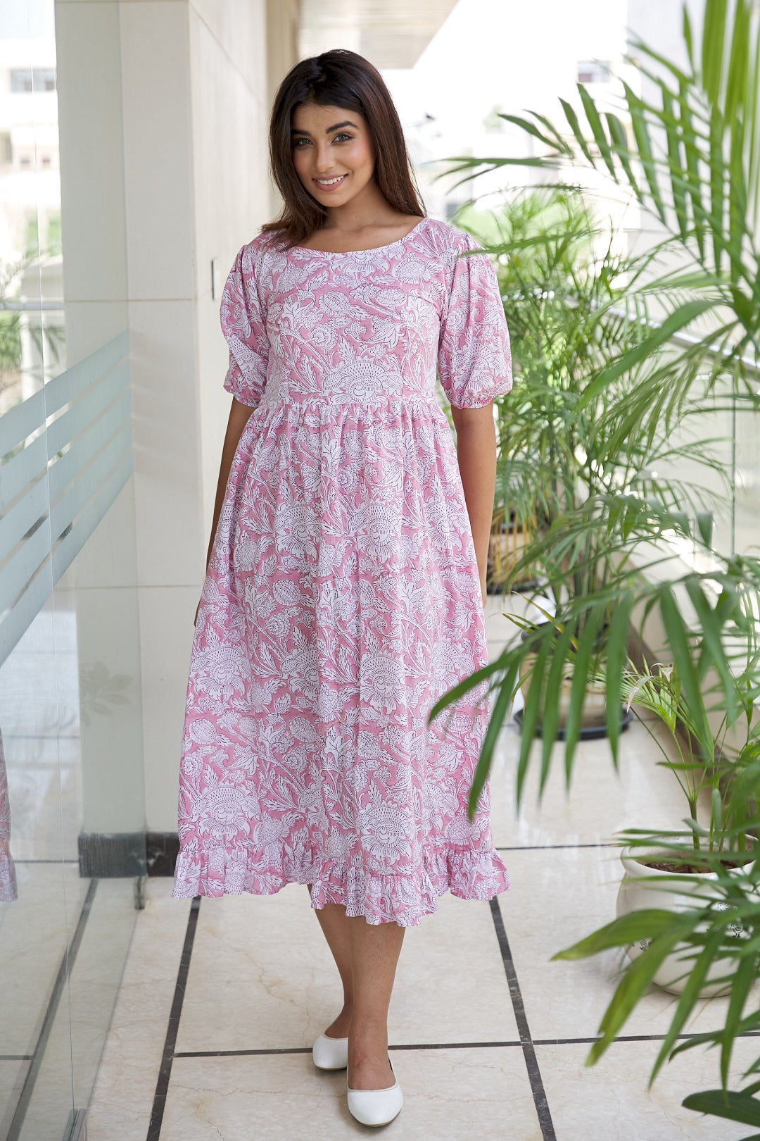 Pink Floral Tiered Cotton Maxi Dress