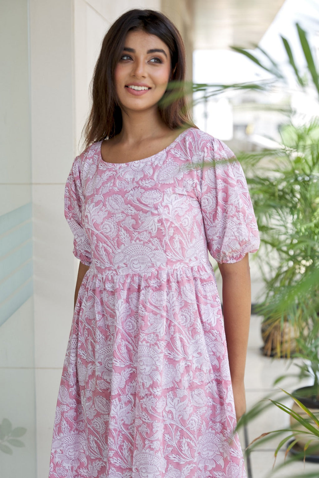 Pink Floral Tiered Cotton Maxi Dress
