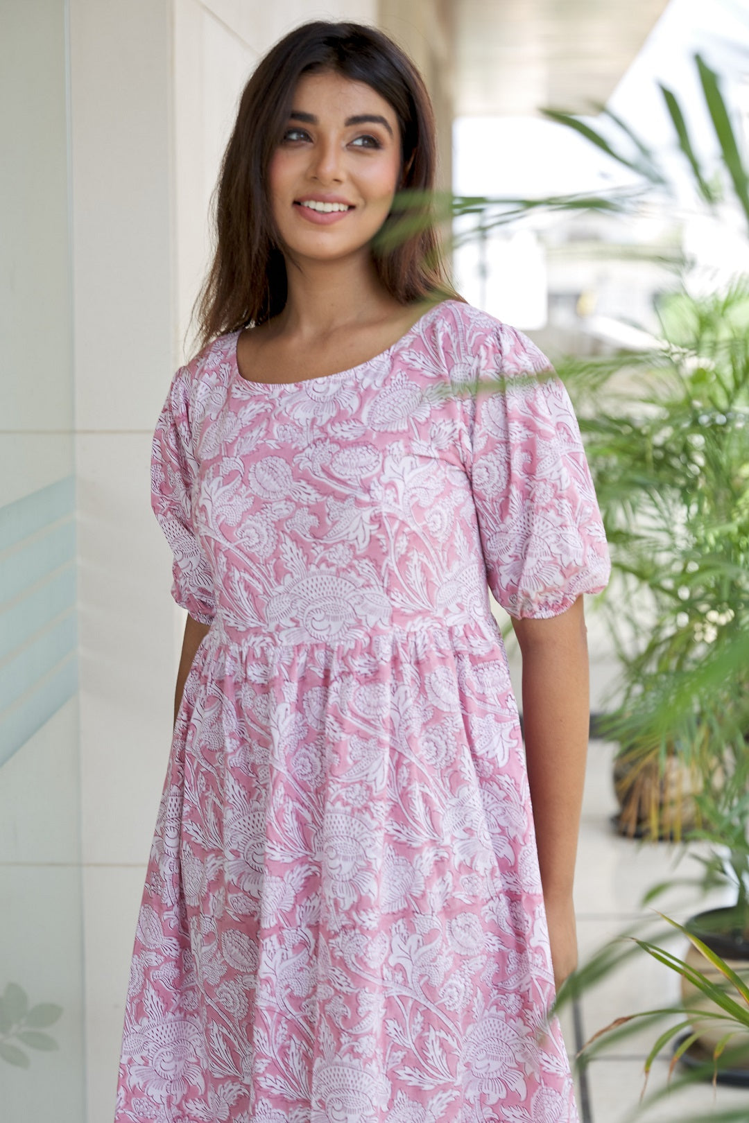 Pink Floral Tiered Cotton Maxi Dress
