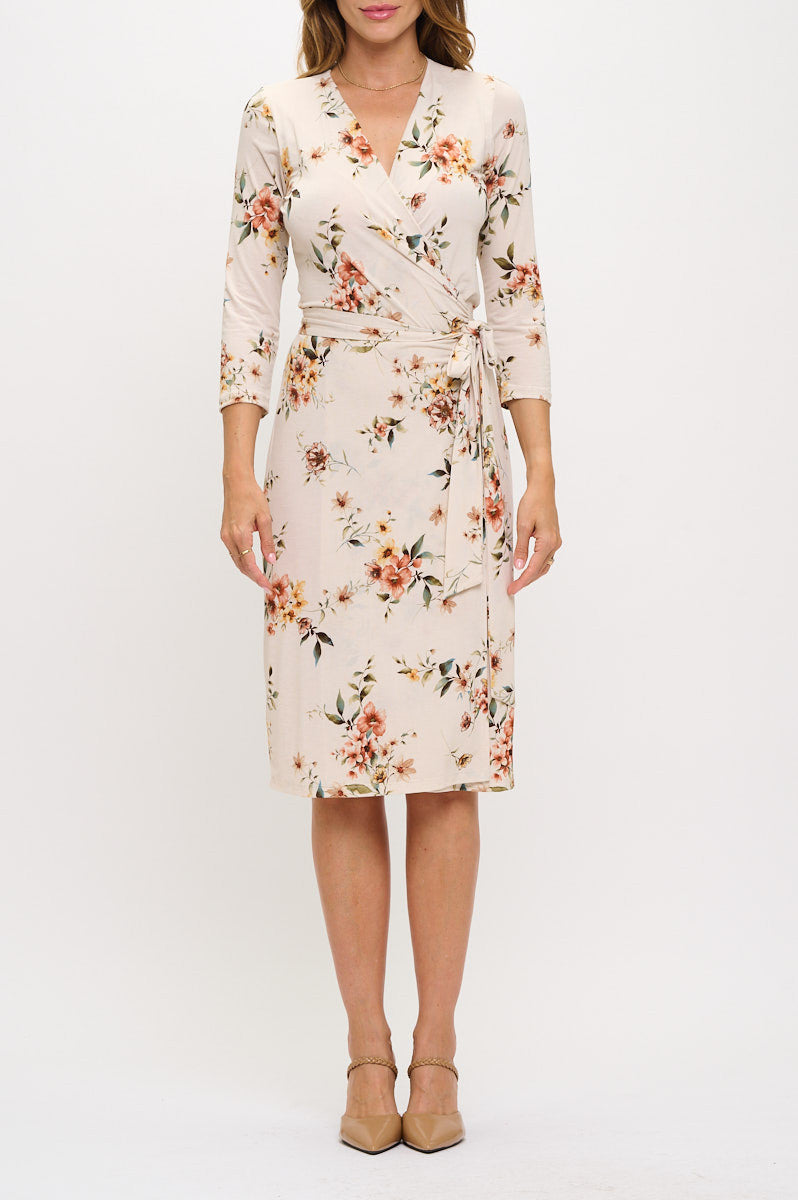 Floral Print V neck Jersey Wrap Dress with Tie