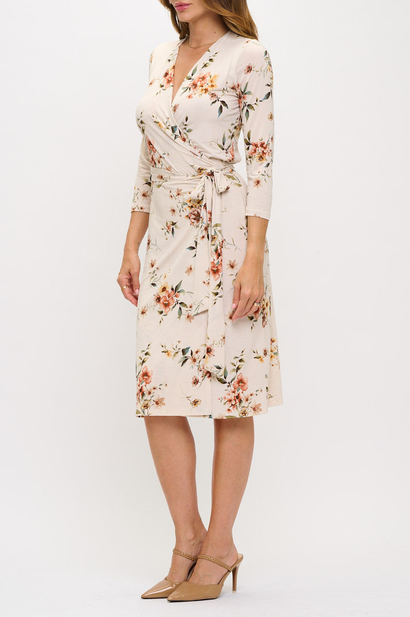 Floral Print V neck Jersey Wrap Dress with Tie