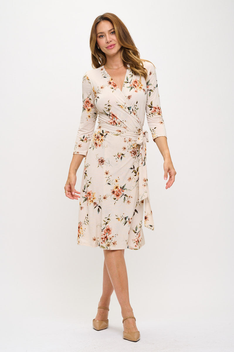 Floral Print V neck Jersey Wrap Dress with Tie