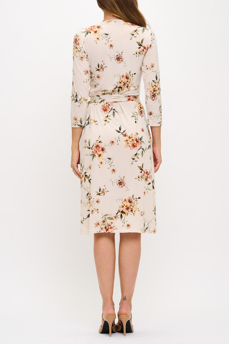 Floral Print V neck Jersey Wrap Dress with Tie